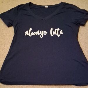 Navy Blue Graphic Tee with 'Always Late' Print